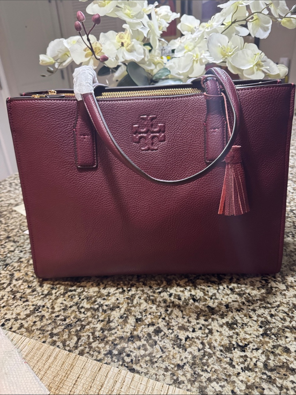Tory Burch Deep Burgundy Pebbled Leather Tote with Tassel